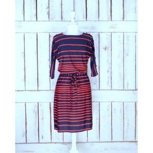 90s navy blue and red striped stretch pullover midi dress